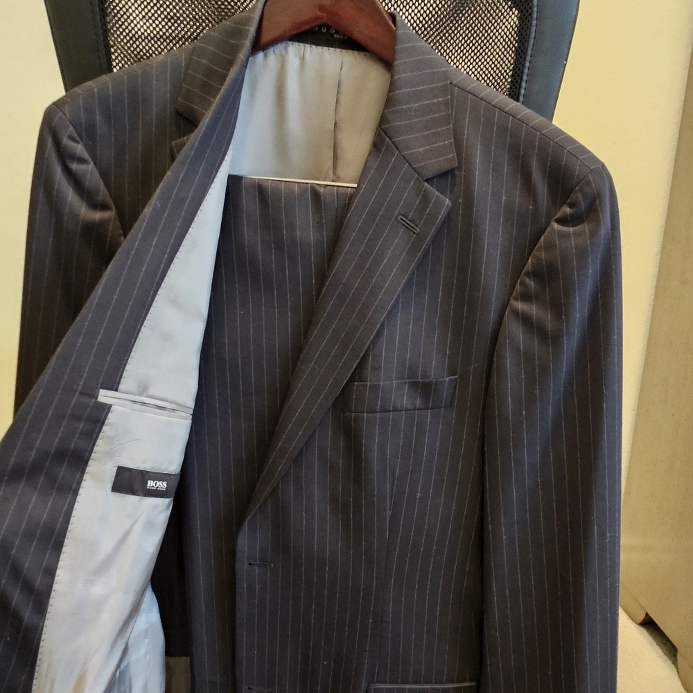 Hugo Boss Suit Jacket and Pant. Size 42L black with white pin stripes